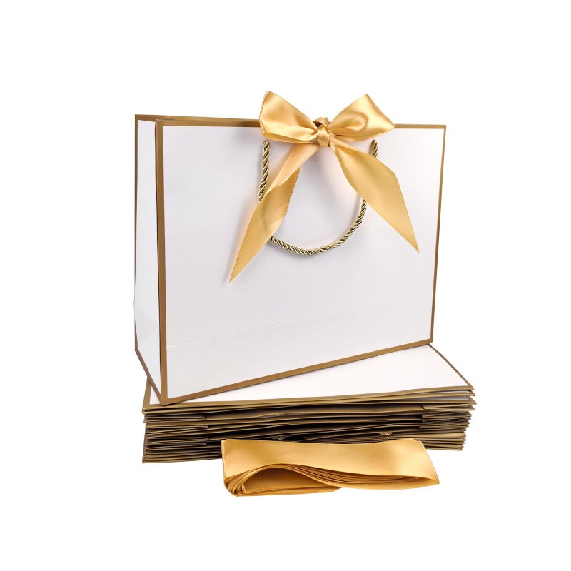 TKSBAG 12PCS Gift Bags Medium Size with Handles 125 x 98 x 43 In White Gold Thank You Bags with Bow Ribbon for Wedding Birthday bridesmaid Groomsmen Party Favors Thanksgiving Christmas